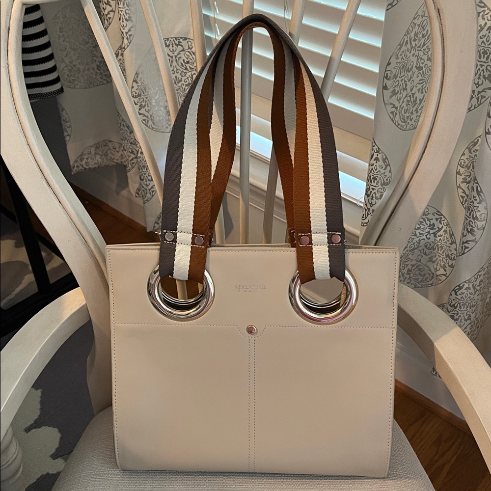 Spartina 449 Leather Bag with Striped Strap and yellow gold colored accents